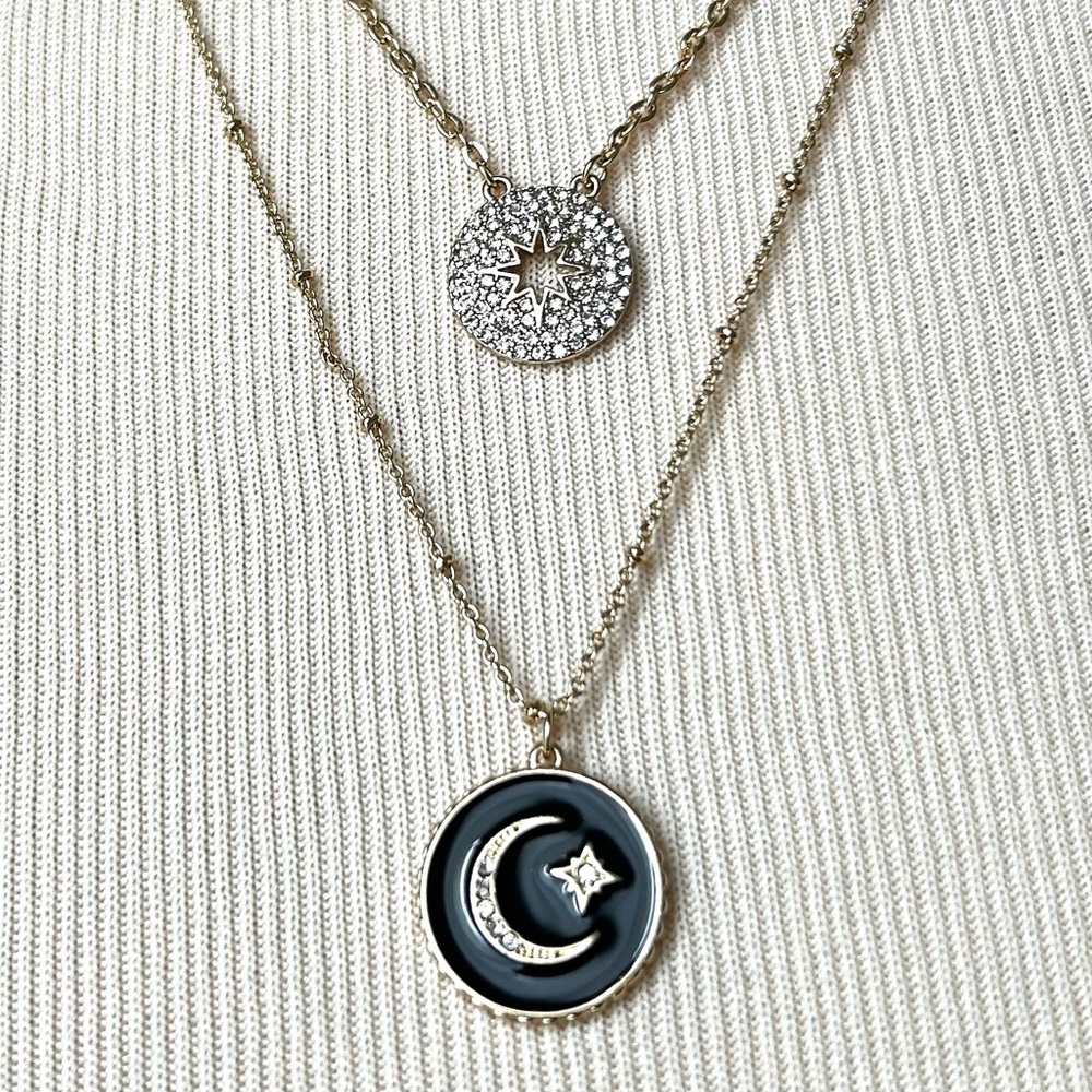 🍂3-Piece Necklace Set. Crescent Moon, Star, Evil Eye, Starburst. Black/Gold - Picture 3 of 8